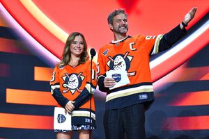 Actors Marguerite Moreau and Joshua Jackson announce the Anaheim Ducks tenth overall pick during the first round of the 2025 Upper Deck NHL Draft at xxx on June 27, 2025 in Los Angeles, California.