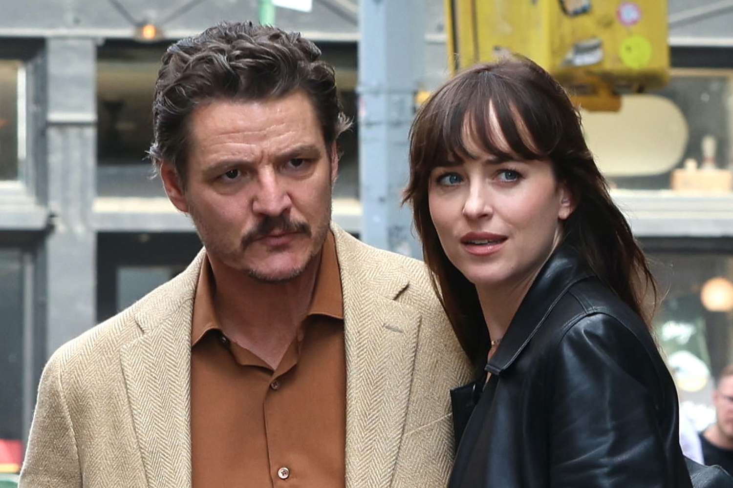 NEW YORK, NY - MAY 08: Pedro Pascal and Dakota Johnson are seen on the set of "Materialists" set in Tribeca, Manhattan on May 08, 2024 in New York City. 