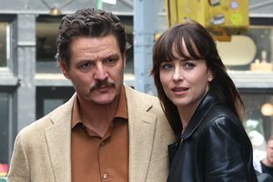 NEW YORK, NY - MAY 08: Pedro Pascal and Dakota Johnson are seen on the set of "Materialists" set in Tribeca, Manhattan on May 08, 2024 in New York City. 